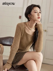 MISHOW Women’s Asymmetric Casual Sweater Knitted Pullover 2024 Fall Winter Korean Square Neck Soft Tops Solid Sweater MXD35Z0986