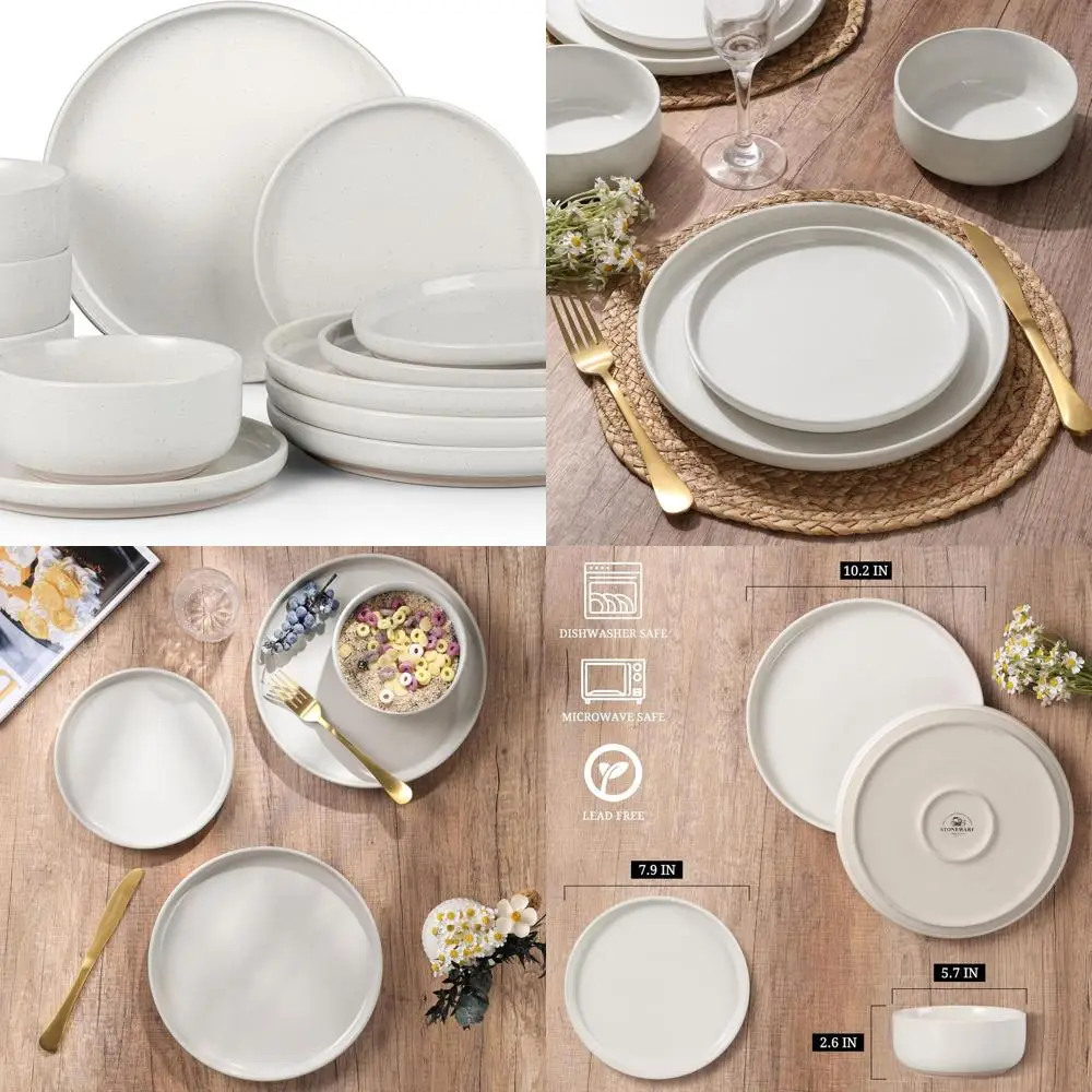 

Набор столовой посуды из керамогранита из 12 предметов: тарелки и миски на 4 человека, крапчатый белый цвет для домашнего или ресторана