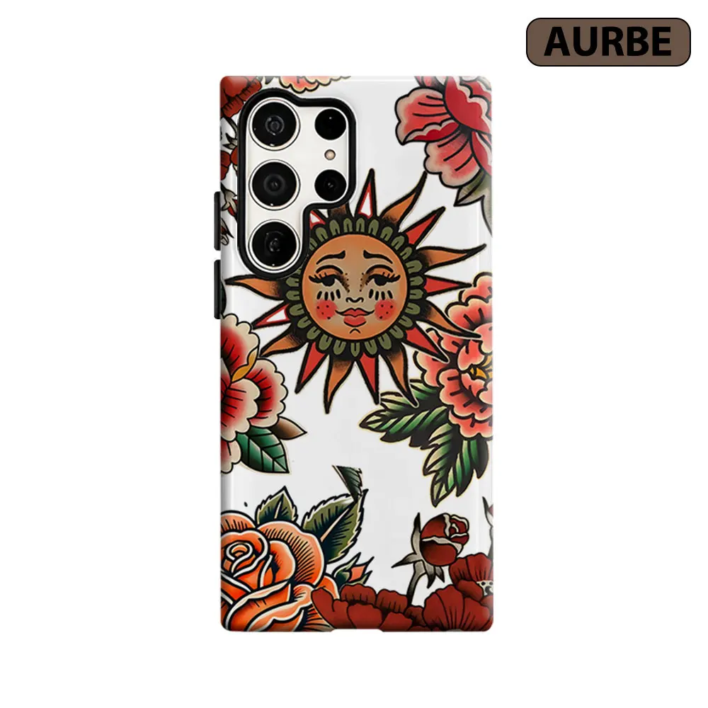 Vintage Sun Floral Tattoo Phone Case For Samsung Galaxy S26 S25 S24 S23 Ultra Plus HD Hard Double Layer Film Cover