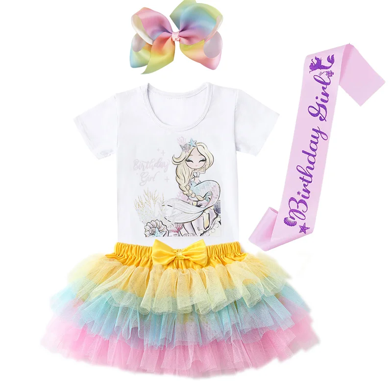 Baby\'s Cartoon Mermaid Print 4pcs Lovely Outfit Short SleeveTop Infant Girl\'s Clothes Tulle Tutu Skirt Set