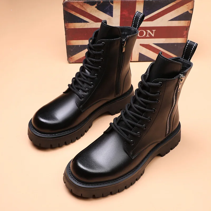 England style men\'s casual natural leather boots black trend platform shoes autumn winter cowboy boot handsome ankle botas mans