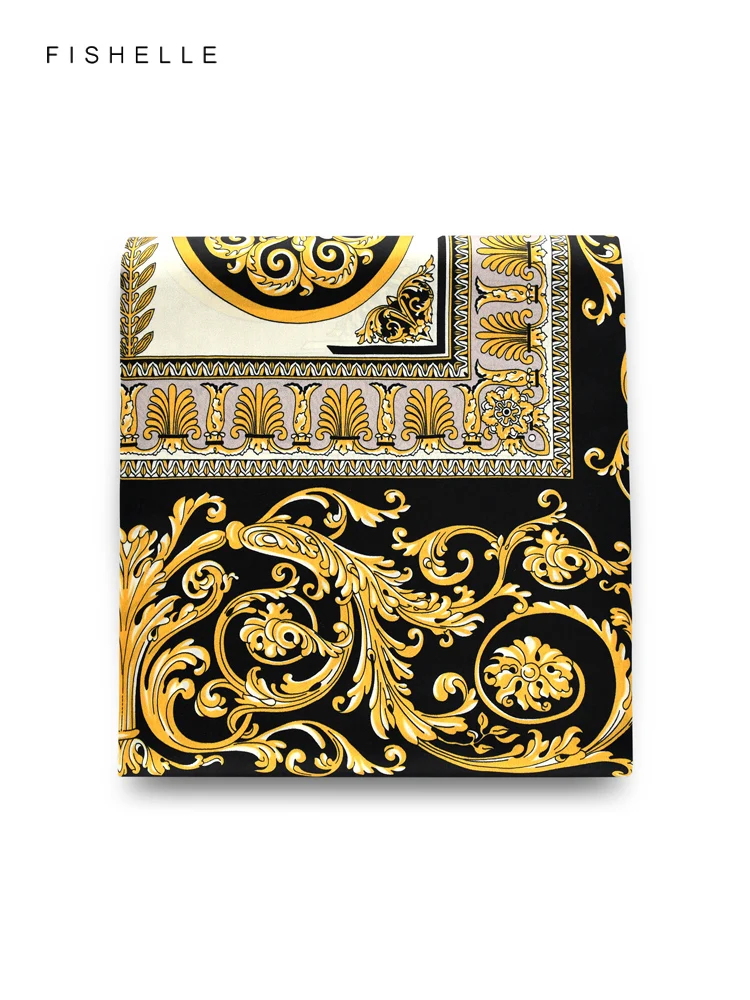 Exquisite patterns black&golden 100% natural silk scarf head band luxury gift women wrap bandana hijab shawl 90cm neckerchief