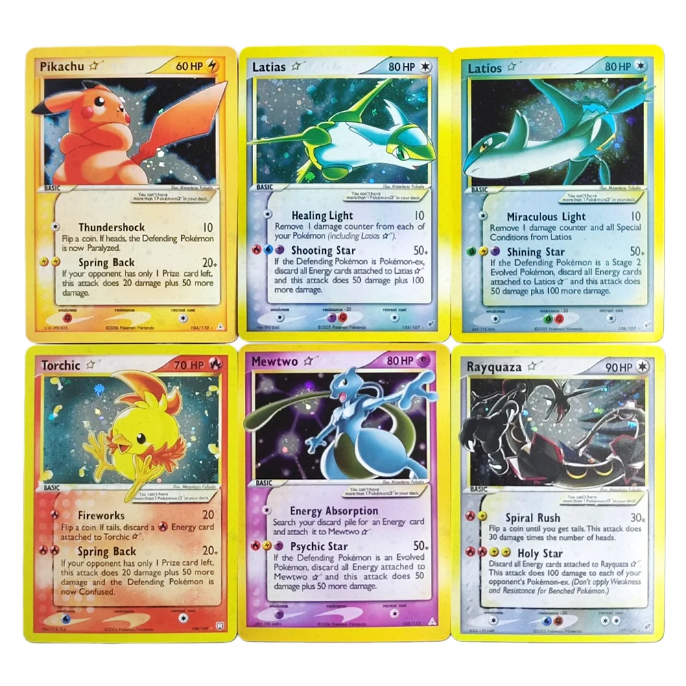 Proxy pokemon cartão estrela de ouro pikachu 104/110 mewtwo rayquaza 107/107 torchic latias latios ex holon tcg coleção cartão de jogo