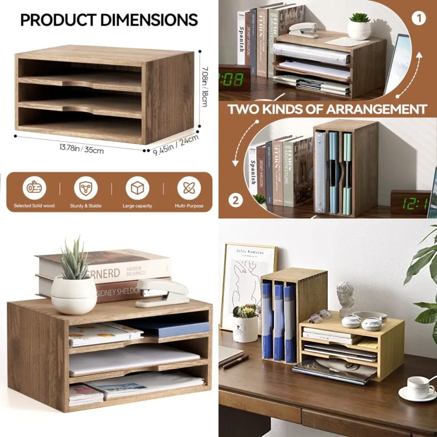 

Wooden Desktop Organizer, 3 Tier Solid Wood Letter Tray and Paper File Sorter for Desk, Freestanding Office Document Holder for