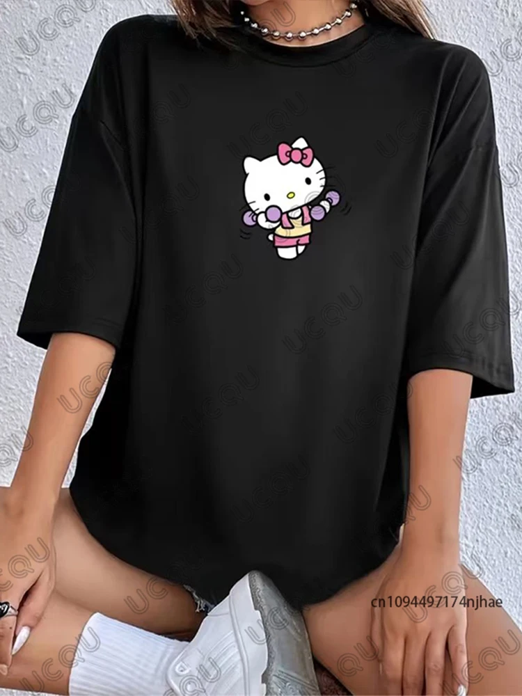 

2026 New Funny Fitness HelloKitty Print T-shirt For Women Summer Short Sleeve Cotton Tees Casual Sports Oversized Couples Tops