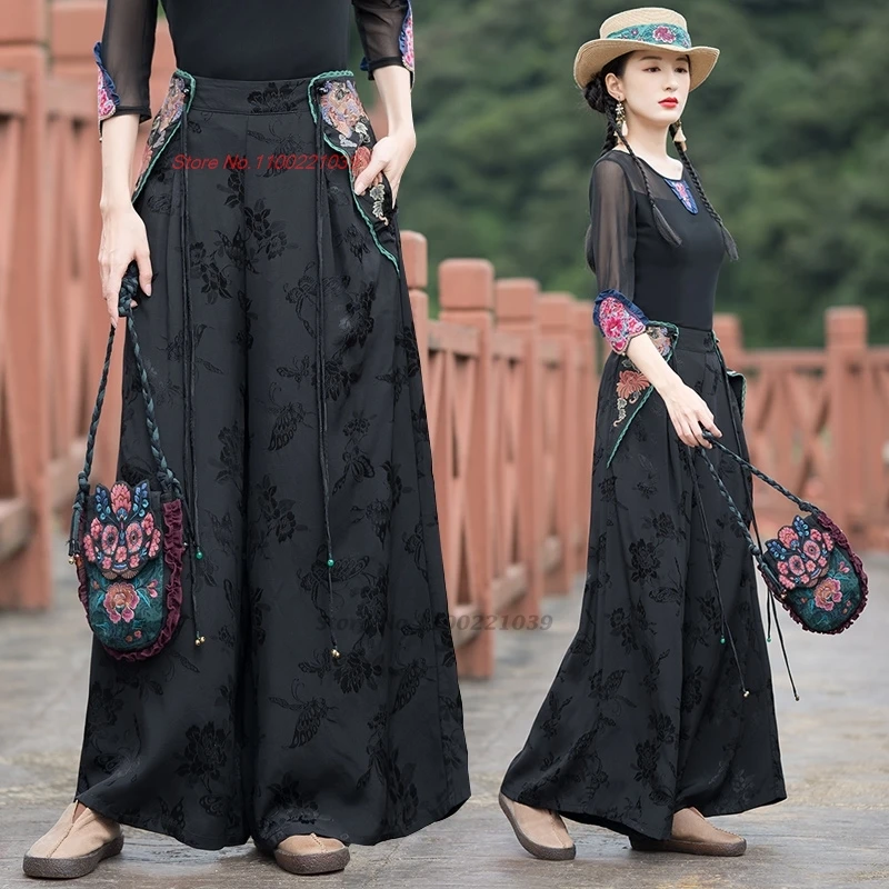

2025 chinese vintage pants national flower embroidered traditional wide leg trousers retro satin jacquard ethnic folk pants