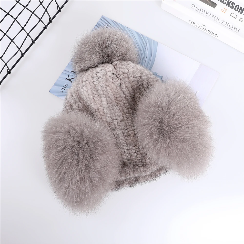 Luxury Women\'s Winter Warm 100% Genuine Mink Fur Knitted Beanie Hat Bomber Caps Fox Fur Ear Warmer Cover Hats Pom Pom Elastic