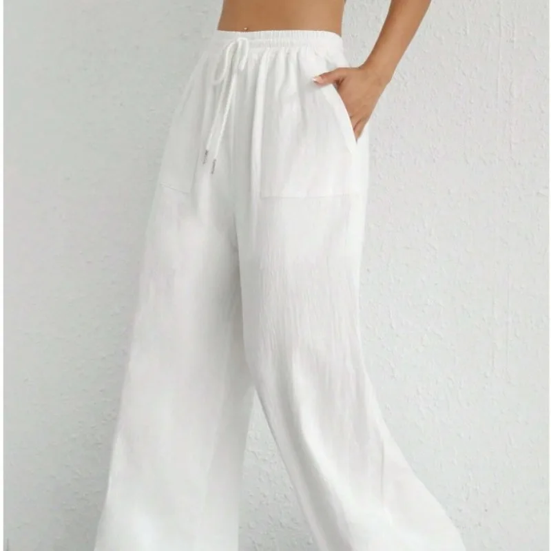

2025 New Women's Casual Solid Color Drawstring Straight Tube Fashion Micro Pull Pocket Casual Pants