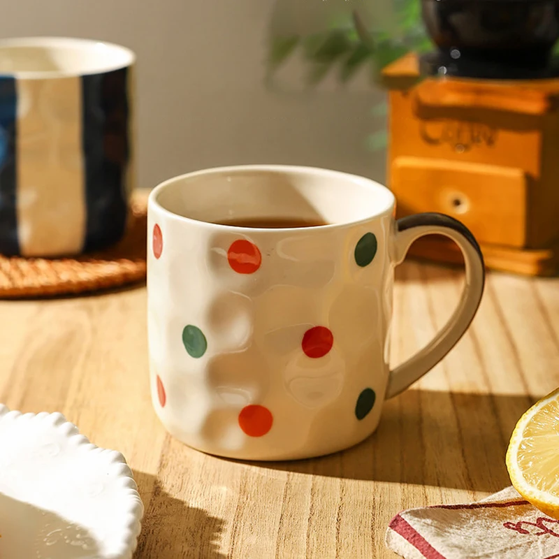 Irregular Ceramic Mugs Texture Dotted Contrast Color Handgrip Coffee Cups 2026 New Glossy Round Household Couple Use