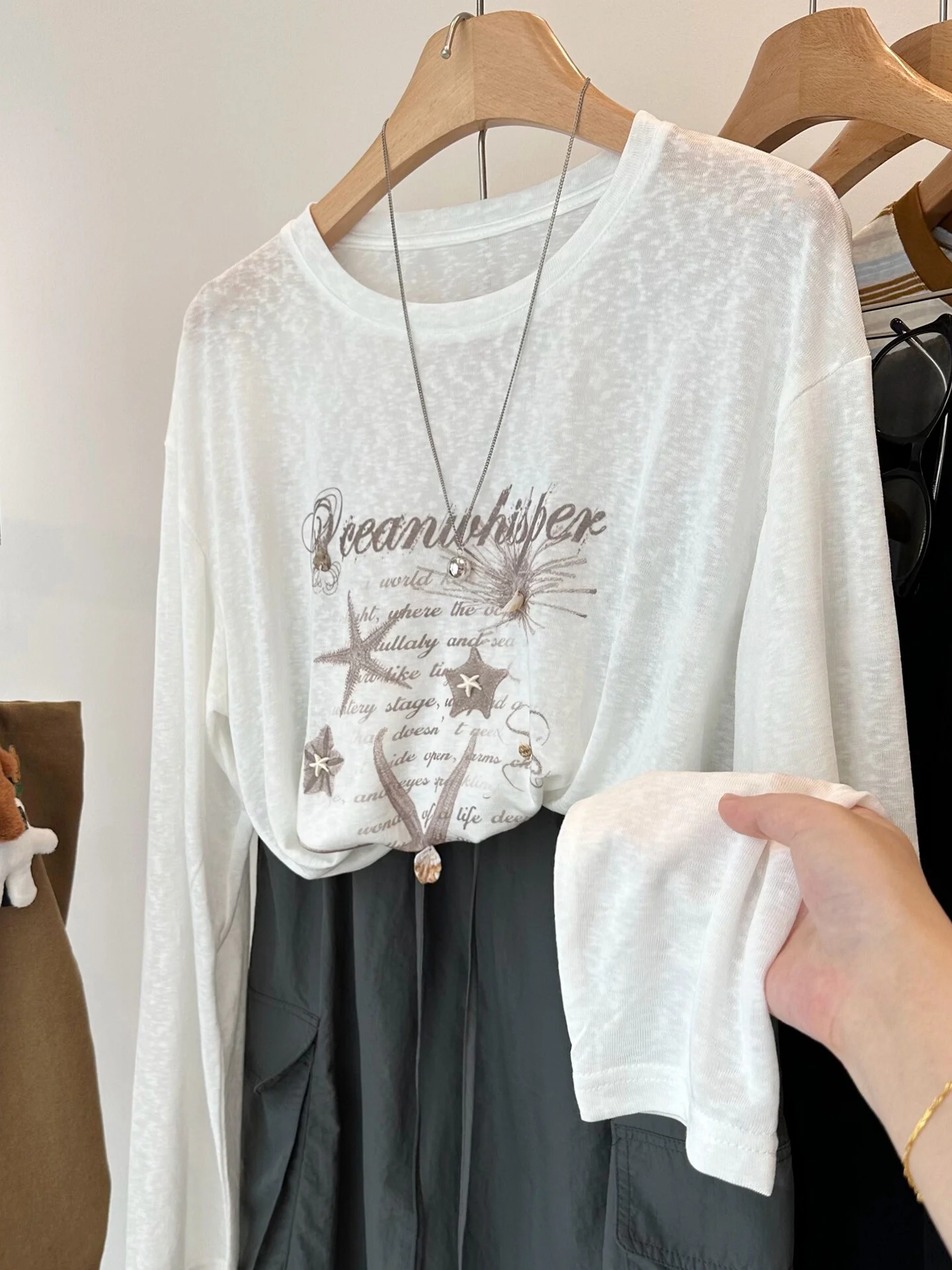 Korean Style Long Sleeve T-Shirt Women's Loose Sun Protection Shirt Cover up Summer Top Star  Print Transparent Letter R...