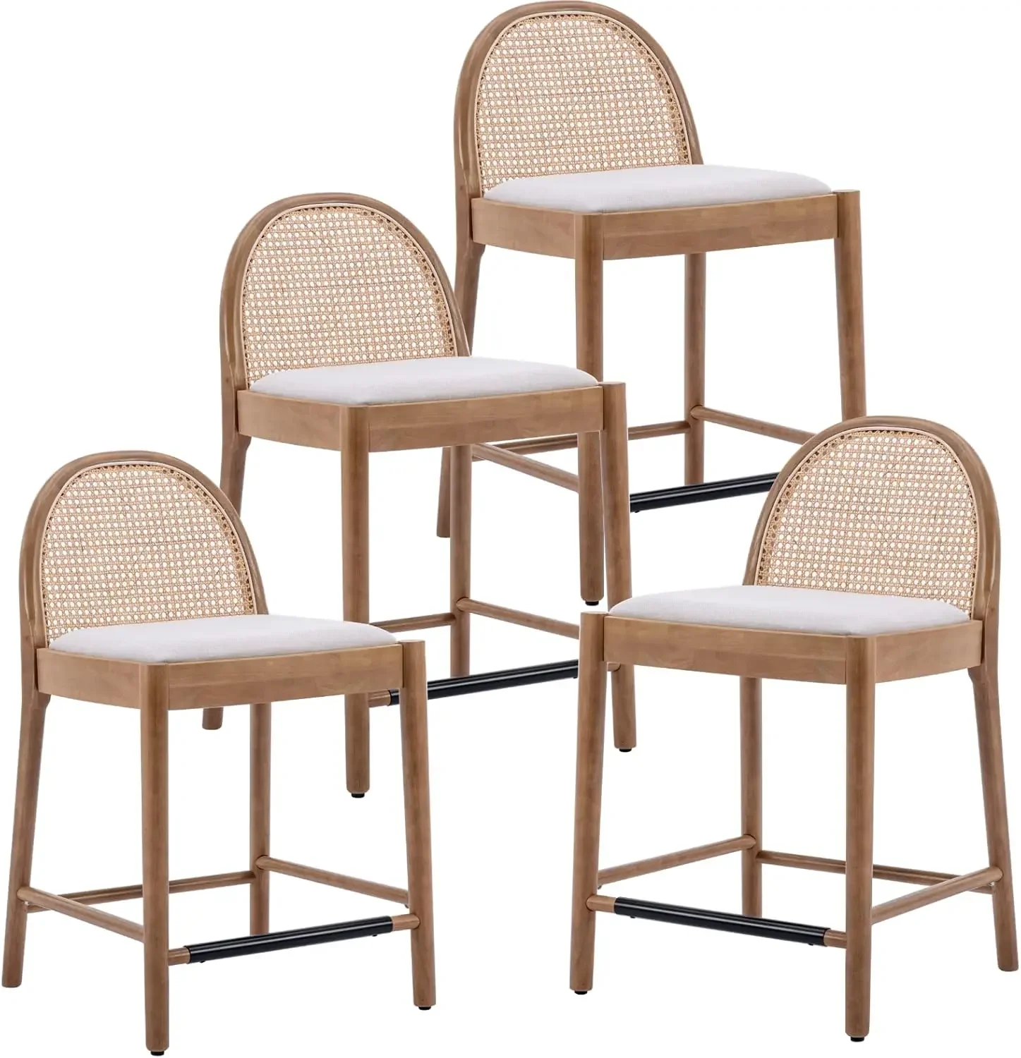 HEAH-YO Rattan Counter Stools Set of 4, 26 Inches Counter Height Bar Stools with Rattan Backs and Wood Legs, Uphlostered Linen F