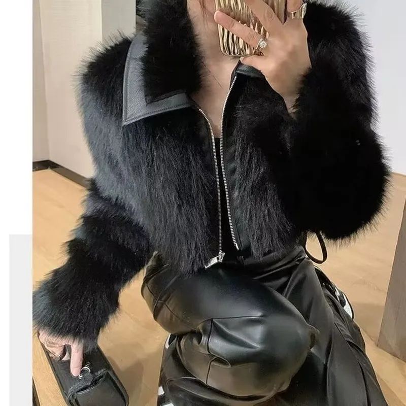 

2025 Motorcycle Hot Girl Short Jacket Autumn Winter Faux Fur Plush Thick Jacket Korean Style Fashion PU Leather Fur Short Jacket