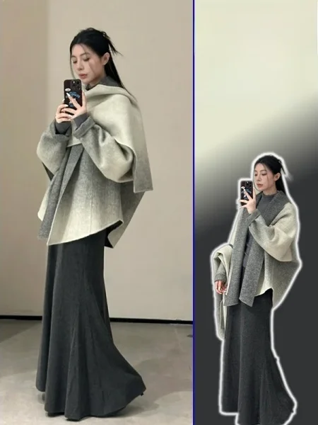 

Модный шерстяной комплект-двойка для женщин больших размеров: пальто с воротником-хомутом и брюки с высокой талией. Осенне-зимняя верхняя одежда.