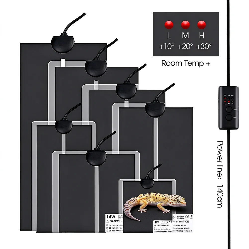 Waterproof Reptile Heating Pad 5-45W, EU US UK AU Plugs, 3 Heat Settings, 2/4/6H Timer for Turtle Habitat Tanks and Terrariums