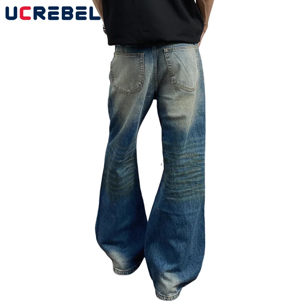 Gradient ย้อม Ripped กางเกงยีนส์ Mens High Street Retro ล้าง Distressed ตรง Baggy ขากว้างกางเกงผู้ชาย