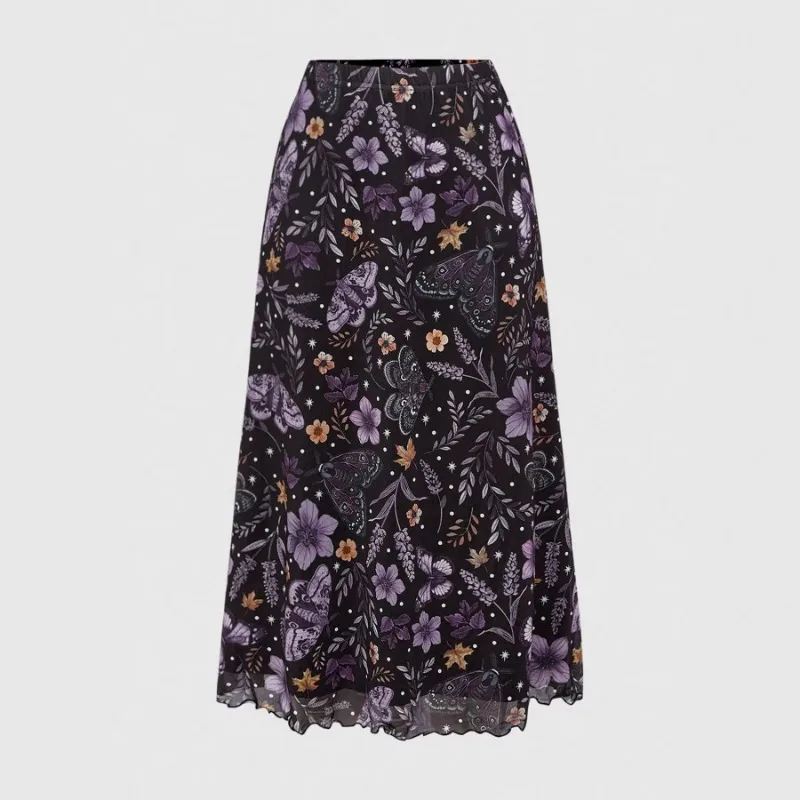 

Весенне-летняя женская черно-фиолетовая юбка миди с цветочным принтом и бабочками, с высокой талией, из шифона, с оборками по низу, повседневная, в стиле бохо