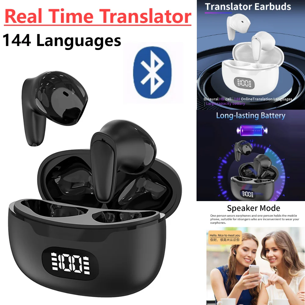 144 Languages Real Time Translator Earbuds Wireless Bluetooth Two-Way Voice Translator Instant Translated Gift for Travel Party