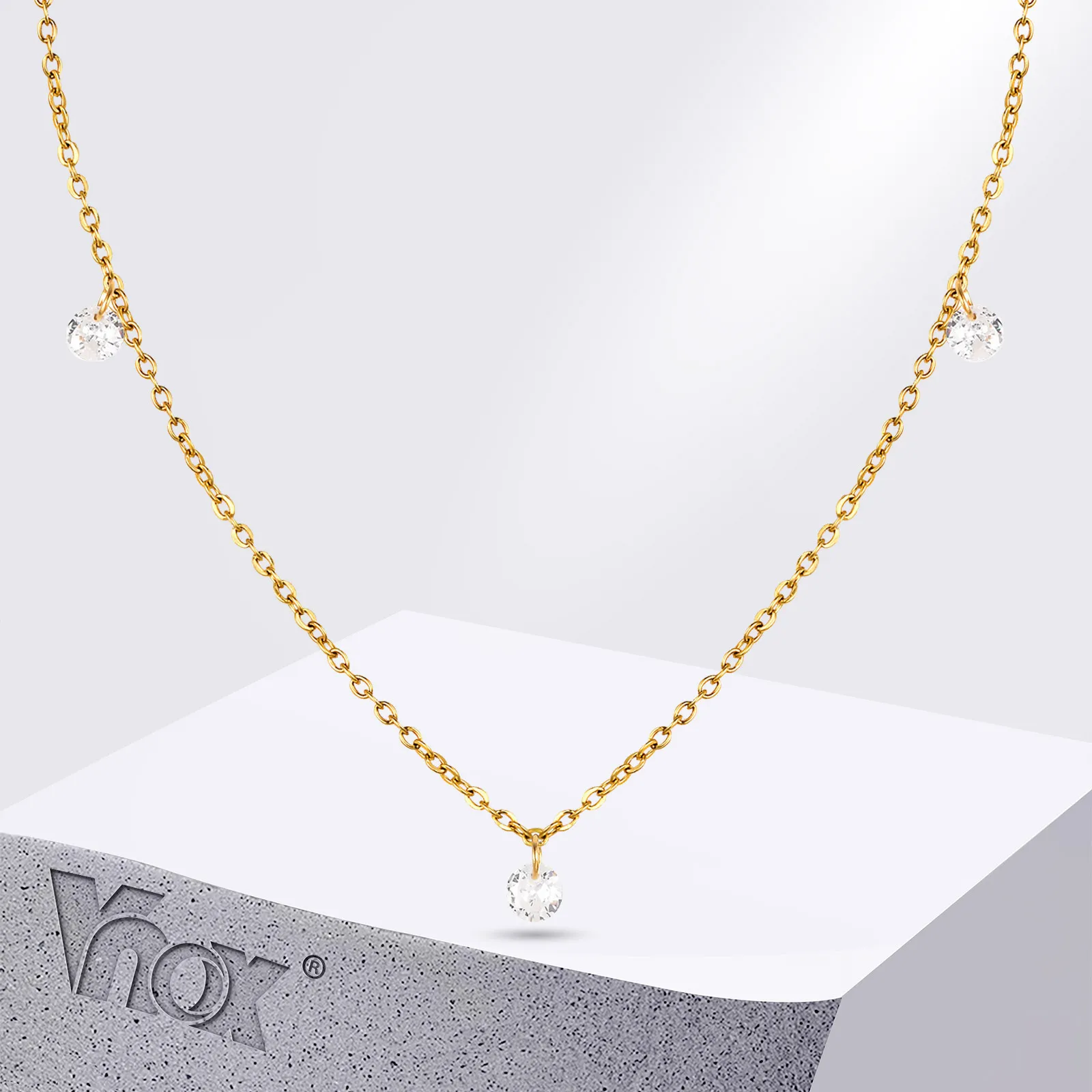 Vnox Stackable Women Beads Charm Necklaces, Adjustable Gold Plated Stainless Steel O Cable Chain Collar with AAA CZ Stones