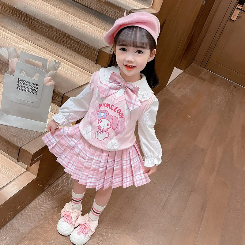 

Sanriou Girl My Melody жилет с длинными рукавами плиссированная юбка в студенческом стиле Jk комплект из трех предметов юбка милый мультяшный праздничный подарок