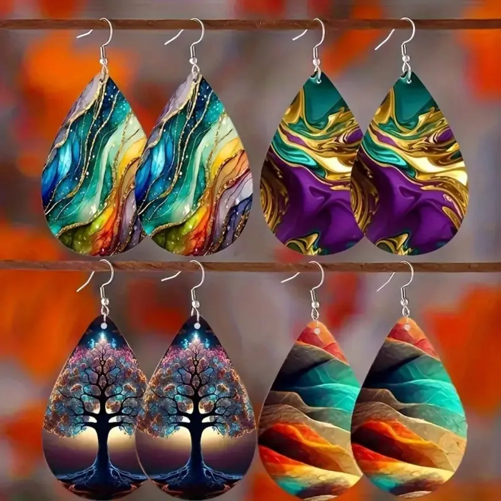 Exaggerated Plants and Trees Colorful Water Ripple Pattern Double-sided Wooden Earrings Bohemian Style Fashionable Earrings Gift