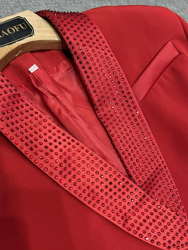 Faionable American Sle ort Bal Long Sve Diamond Embellied Women's Suit Commute Sle Slim Fit V-Ne Pure Color