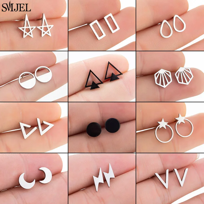 

Multiple Mini Geometric Stud Earrings Black Stainless Steel Round Star Moon Earings Fashion Jewelry Women Men Minimalist Earing