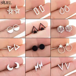 Multiple Mini Geometric Stud Earrings Black Stainless Steel Round Star Moon Earings Fashion Jewelry Women Men Minimalist Earing