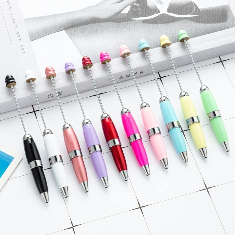 5pcs Beadable Ballpoint Pen with Keychain 1.0mm Pen Metal Stationery Pen Bead Rollerball Pen for School Office