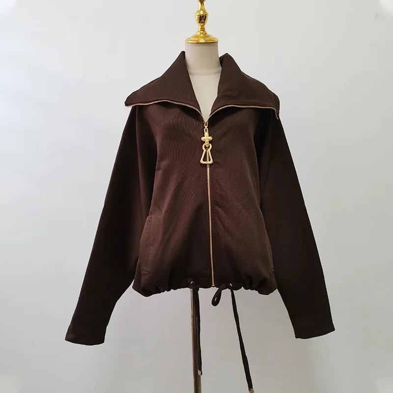 HKSH Spring Autumn New Women Jacket Turn-down Collar Batwing Sleeve Zipper Tide High-end Korean Elegant Chic Casual Coat HK12994