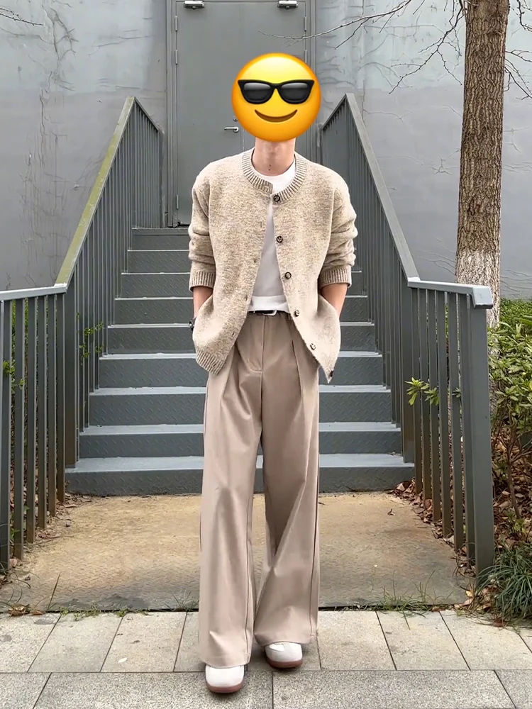 

Khaki A-Line Wide Leg Pants Men's Spring Casual Trousers Drapey Folded Cuff Comfortable Fit High-End Feeling Casual Wear