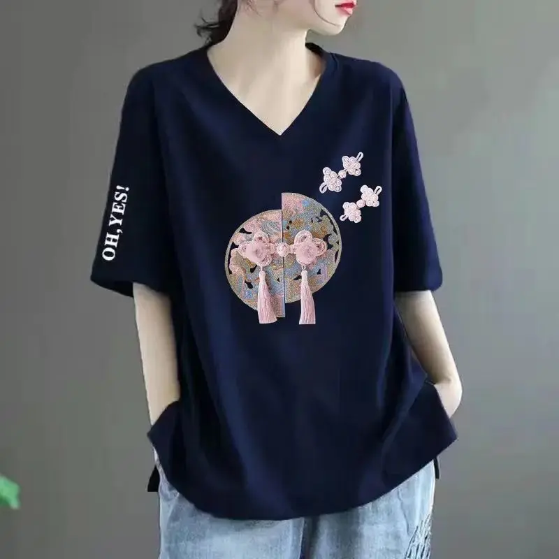 Blusa de manga corta de algodón con cuello en V para mujer, ropa elegante de moda Harajuku ajustada para mujer, Tops casuales sueltos que combinan con todo, Blusa lisa de manga corta