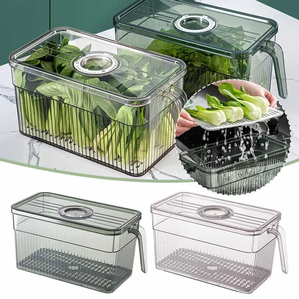 

Refrigerator Storage Box Food Grade Fresh-keeping Box Hollow Drain Transparent Vegetable Fruit Food Containers Kitchen Organizer