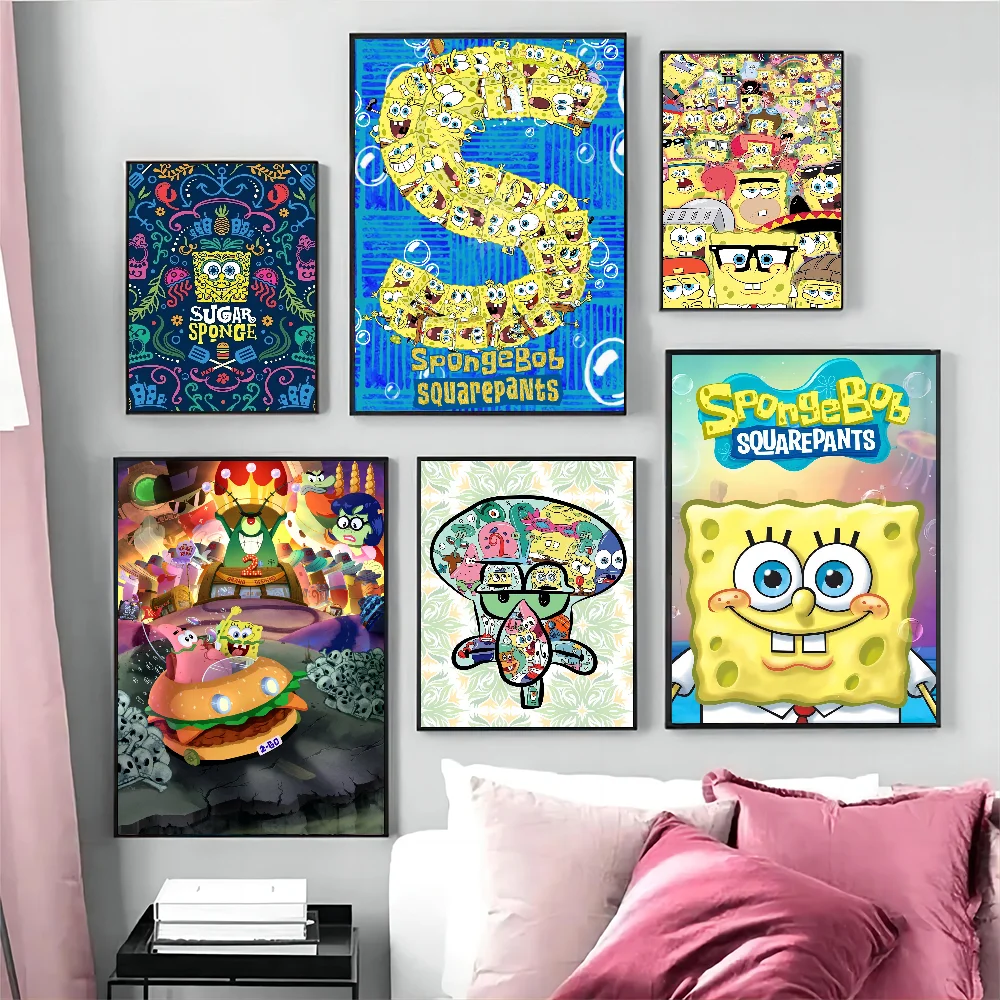 S-SpongeBobs SquarePants ملصقات كلاسيكية عتيقة ، لوحة زخرفية ، ورق كرافت أبيض ، فن حائط ، ديكور غرفة كاواي #1