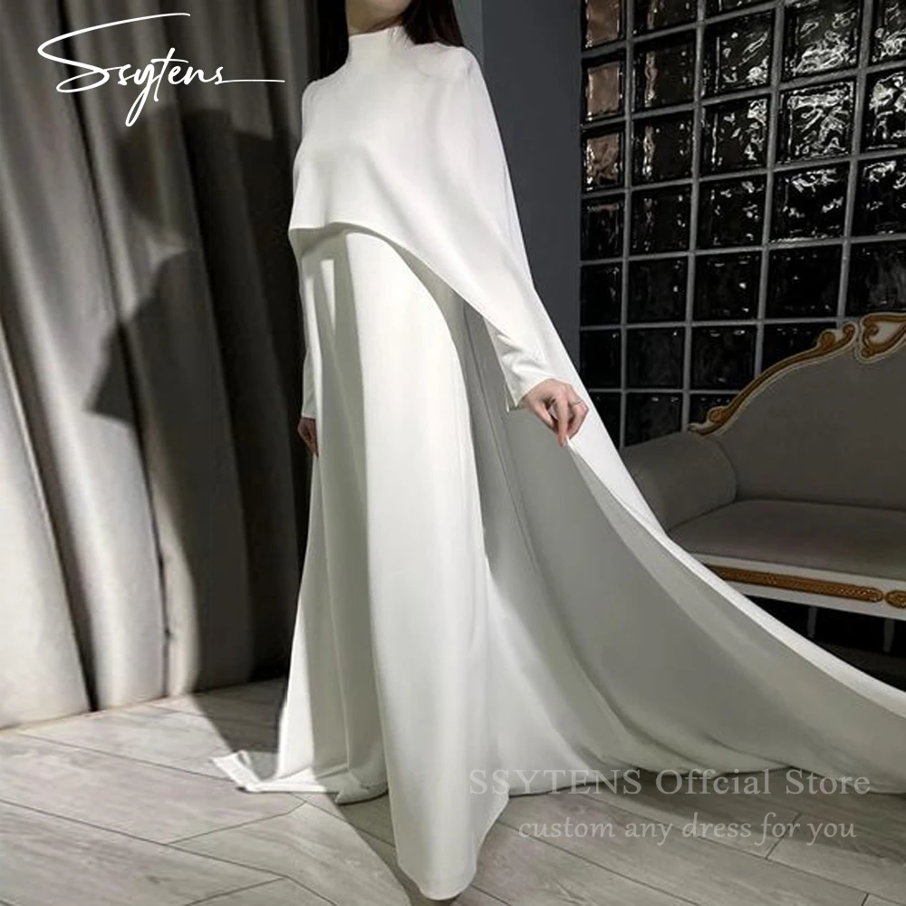 

SSYTENS Elegant White Muslim Wedding Dresses Formal Prom Gowns Cape High Neck Bridal Gown Arabic Bespoke Bride Evening Dress