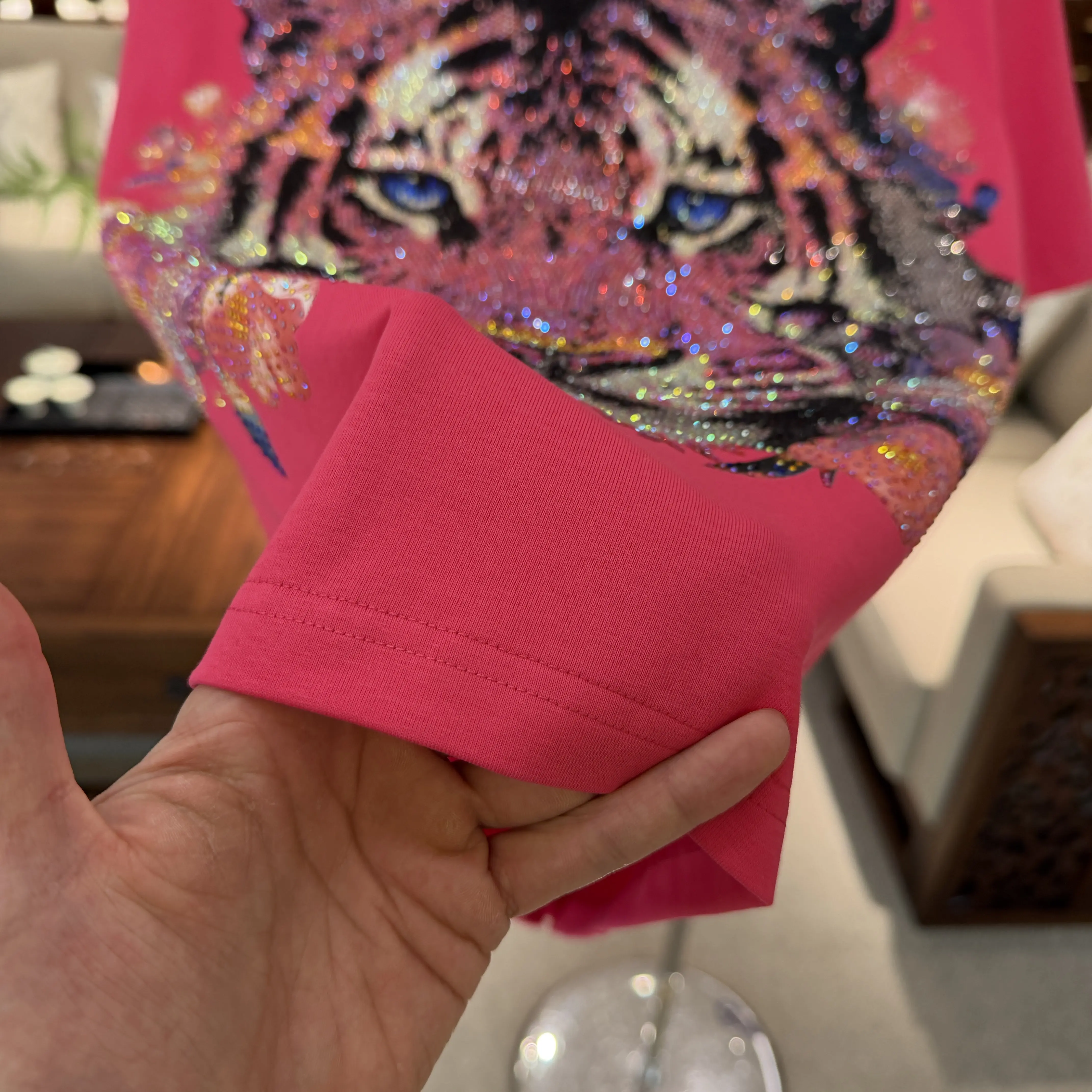 2026 Summer New Men's Fashion Tiger Pattern Hot Fix Rhinestone Casual Loose Round Neck Short Sleeve T-Shirt Streetwear Tops