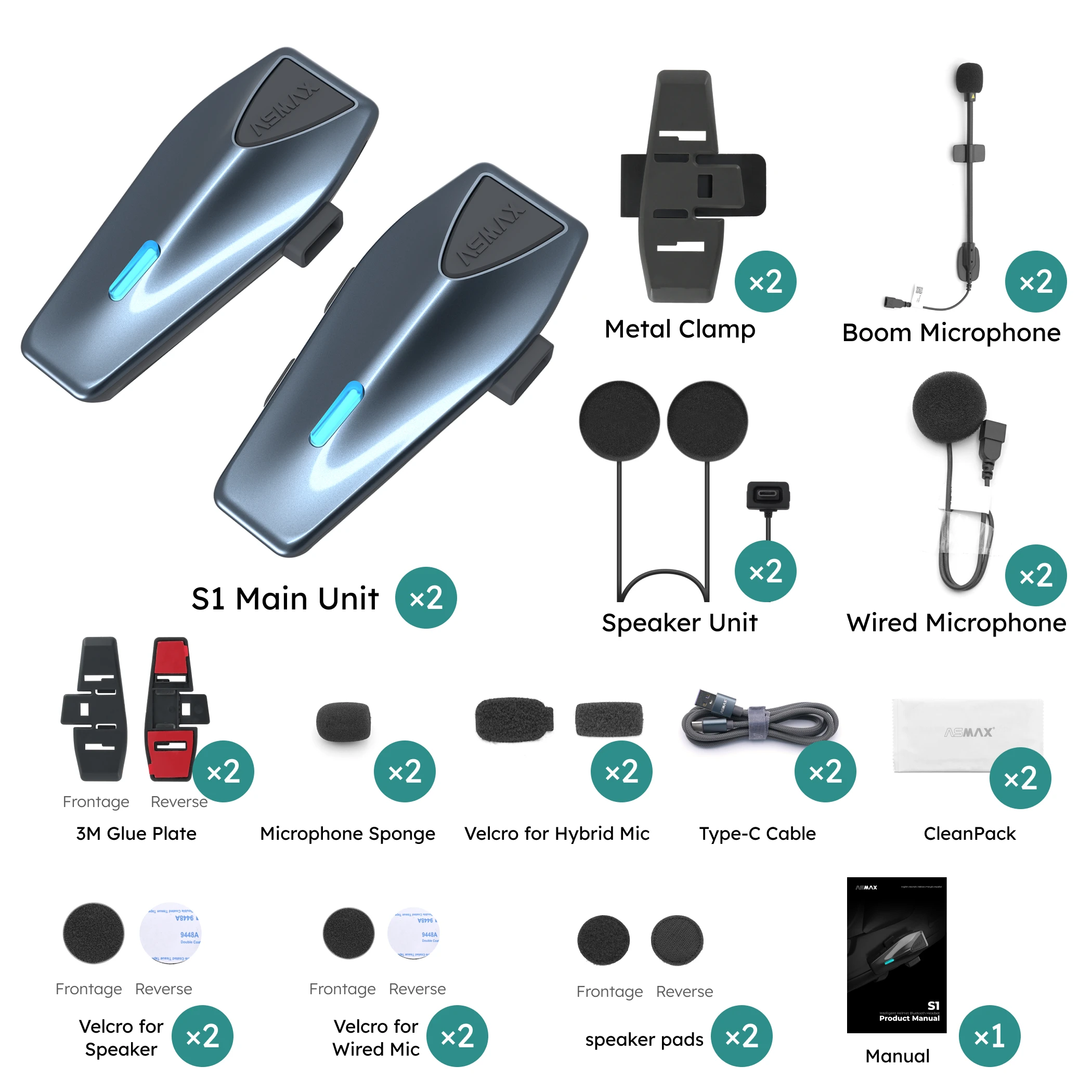 ASMAX Blue S1 motorfietsintercom Global Mesh Group-systeem, spraakopdracht, HD-audio, IPX7, ENC-microfoon en app-connectiviteit