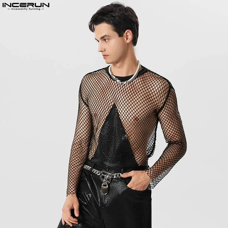 2023 Men T Shirt Mesh Patchwork Transparent O-neck Long Sleeve Tee Tops Streetwear Sexy Fashion Party Camisetas S-5XL INCERUN