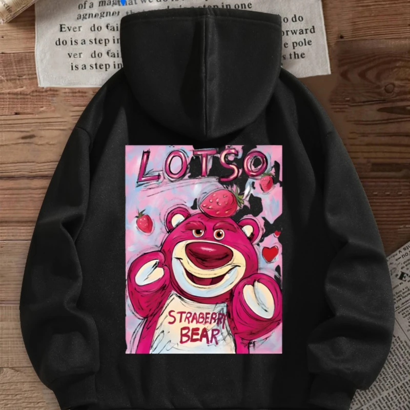 Felpa con cappuccio da donna Disney, pullover ampio alla moda con stampa di orsi di fragole, top caldo e confortevole per l'autunno e l'inverno