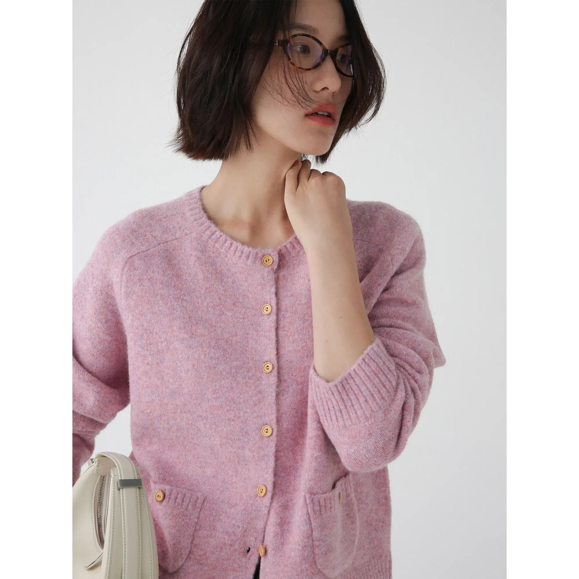 Pink Knit Cardigan Round Neck Gray Sweater Cardigan Women Autumn Winter, Loose, Soft Knitted Jacket