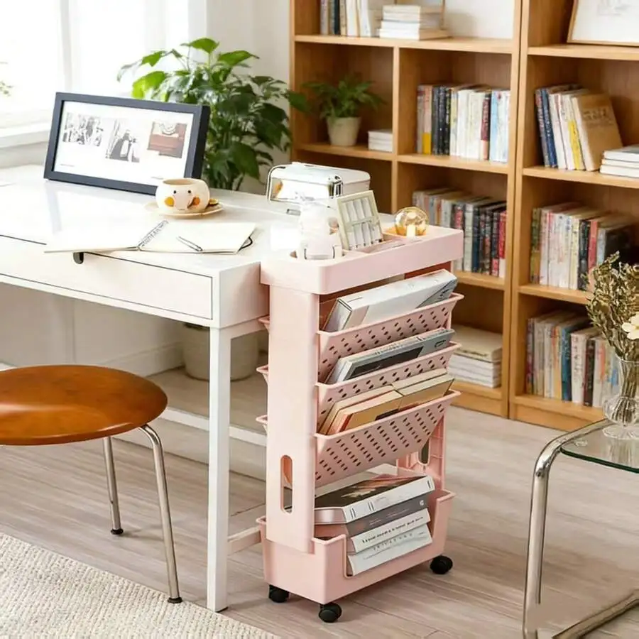 5-Tier Rolling Storage Cart With Perforated Shelves - Plastic Stackable Organizer On Wheels For Books, Files And Magazines
