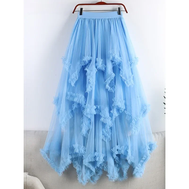 

Autumn Winter New 2024 Irregular Cake Tulle Skirt Women Sweet Midi Long High Waist A Line Skirt Female Mesh Party Skirt Lady