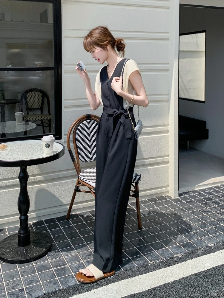 

Korean Faion Color Blo V-Ne-Piece Summer New High Waist Slimming Women's Jumpsuit Commute Sle Long Pants Thin Model