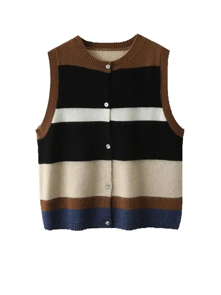 

New Spring Autumn Fashion 100% Cashmere Pullover Waistcoat Women O-Neck Sleeveless Cardigan Sweater Striped Knitwear Vest