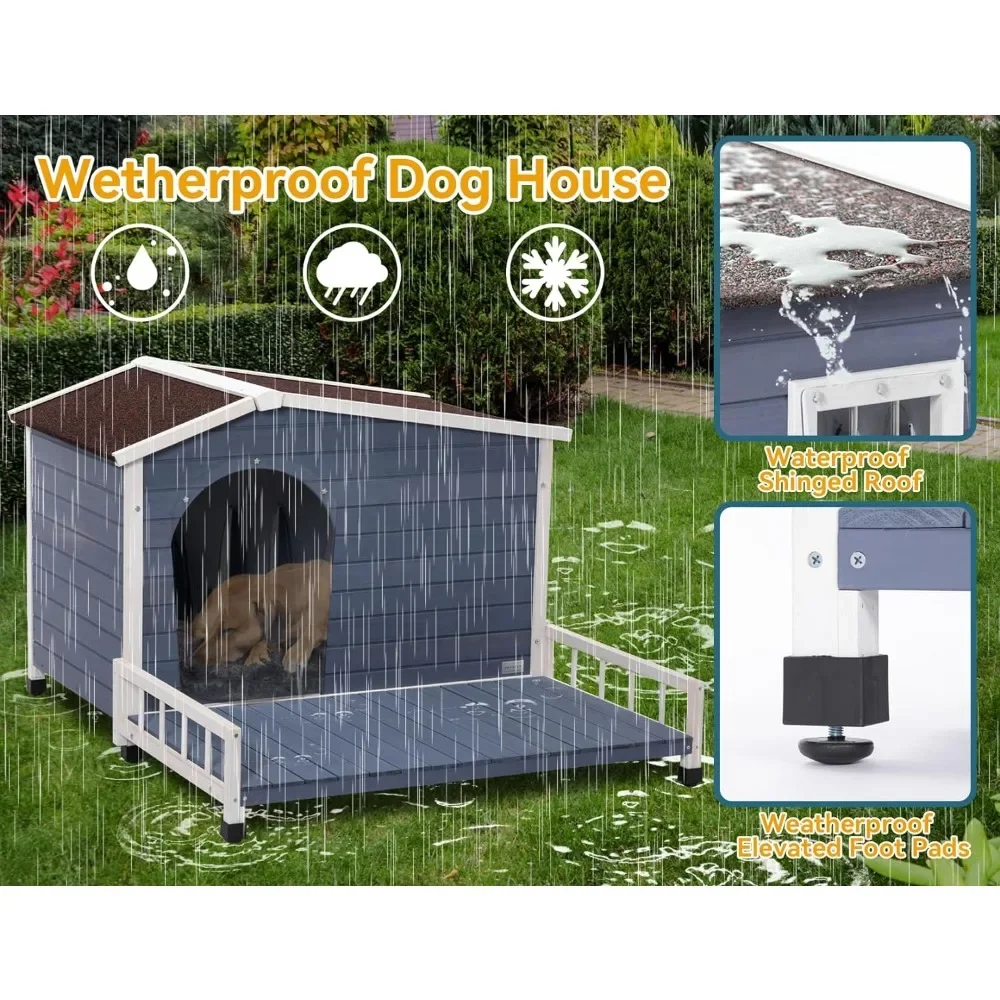 Large Dog House with Terrace & Openable Asphalt Roof Outdoor with Elevated Floor Window Outdoor Dog House for Large Dogs