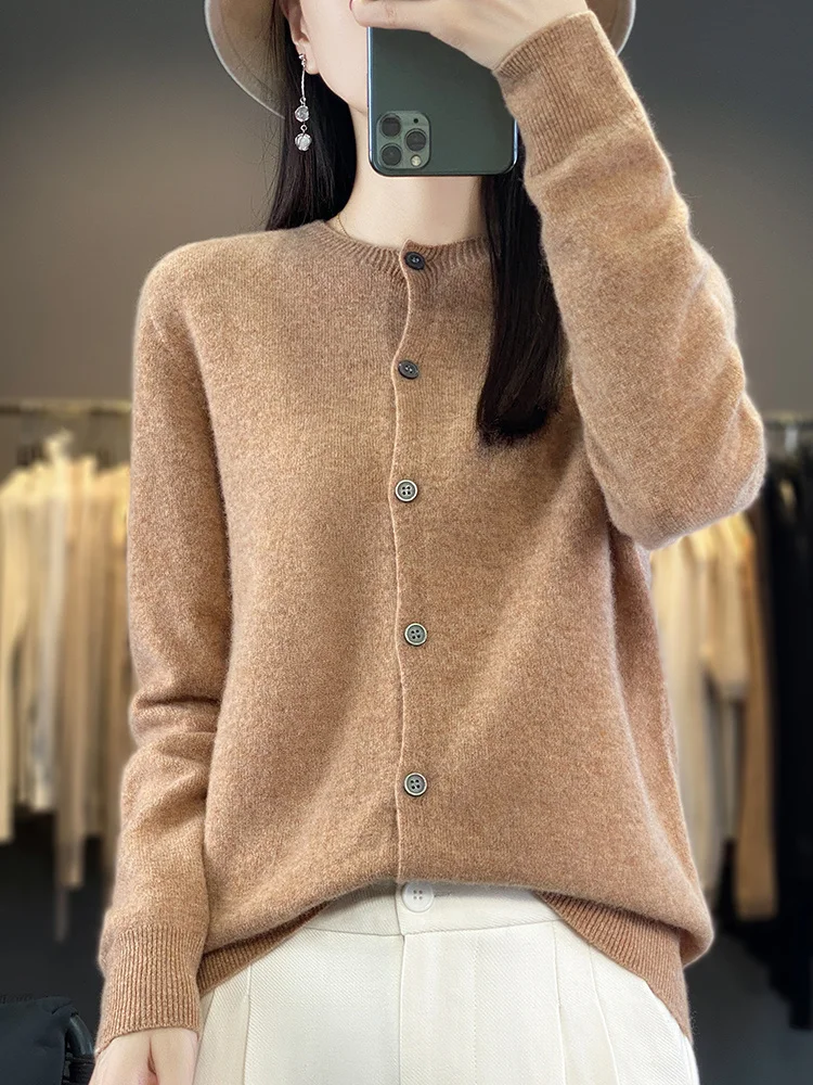 Cardigã de lã merino com o pescoço, suéter monocromático de caxemira, manga comprida, roupa feminina, tops, alta qualidade, casual, outono, inverno, 100%