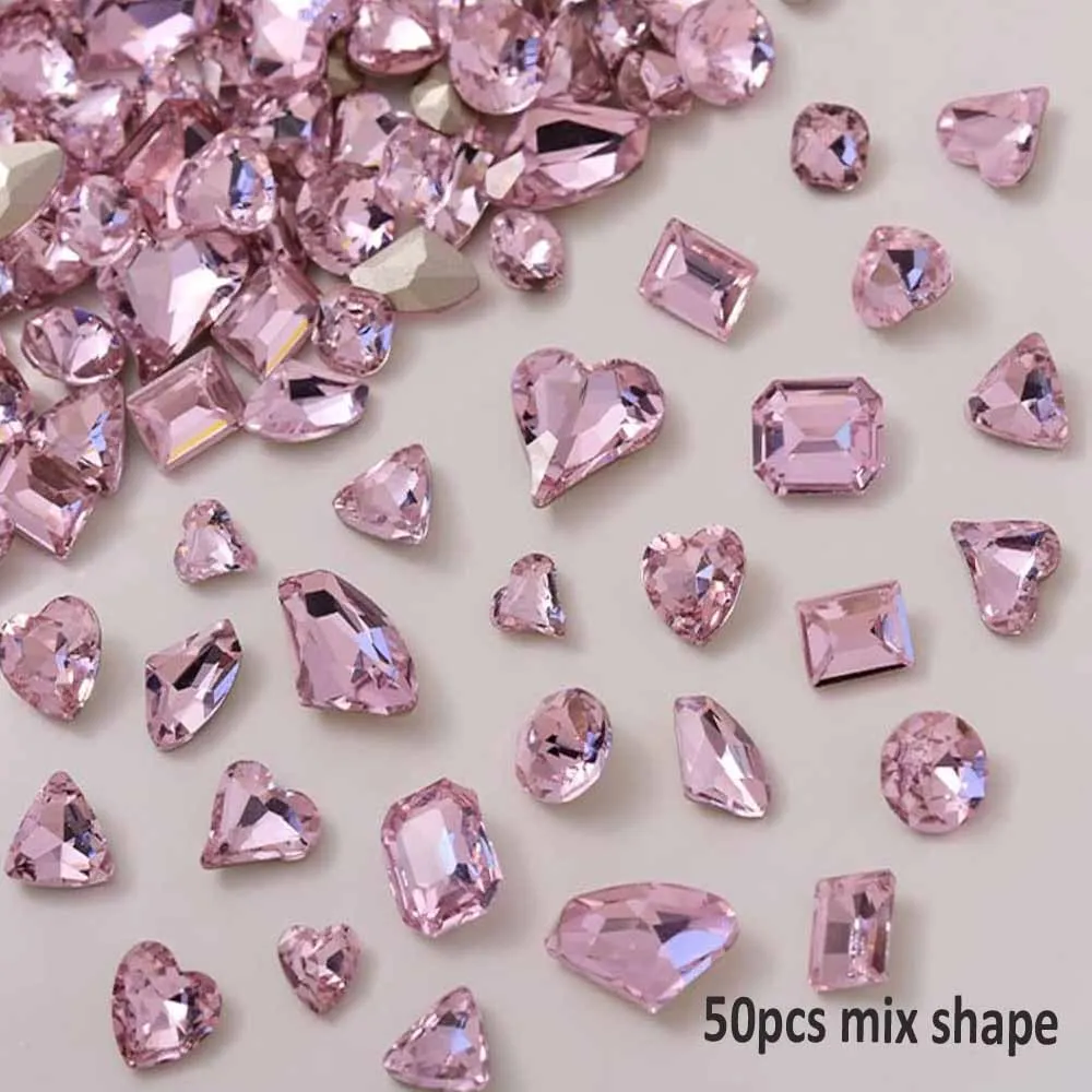 50Pcs 3AAA Mixed Zircon Nail Rhinestone 10x11mm Oval/Square Round/Heart Nail Crystal Pink/Champagne Gold/Clear Manicure Diamond