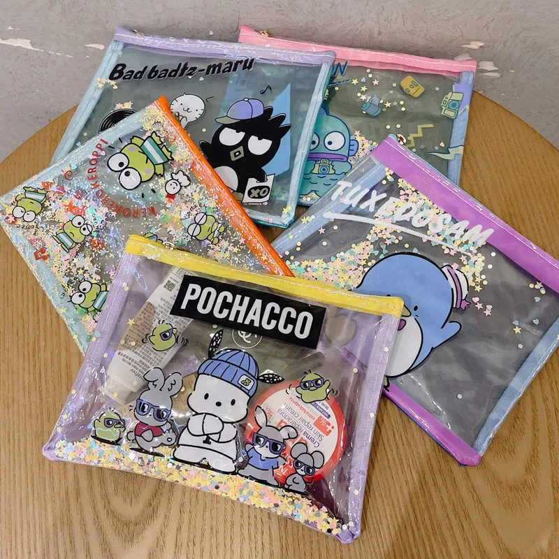 Sanrio 광대 물고기 멋진 펭귄 PC 개 개구리 귀여운 만화 투명 PVC 방수 저장 메이크업 가방 레이디 일본어 15x22cm