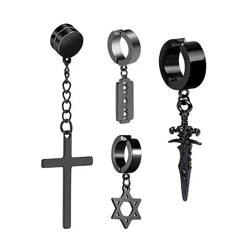 7 pcs men\'s punk cross lightning star array stainless steel magnet fake earring sets