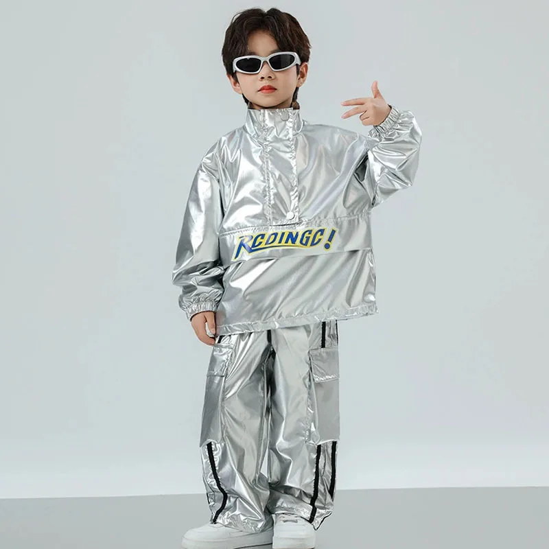 

Girls Hip Hop Sequined Jacket Cargo Pants Kids Street Dance Shiny Silver Pant Clothes Set Children Wasteland Punk K-pop Costumes