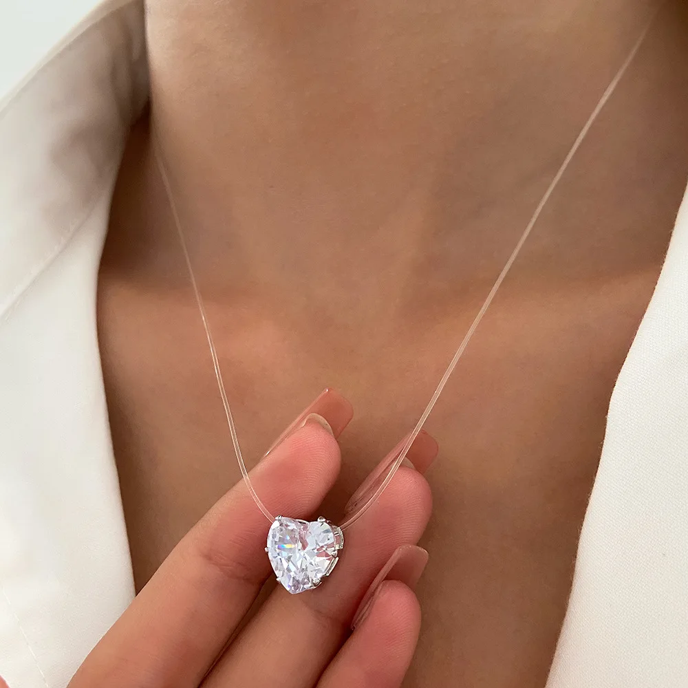 Fashion Shiny Heart Necklace Zircon Pendant Transparent Fishing Line Invisible Ladies Necklace Jewelry Clavicle Chain Chocker